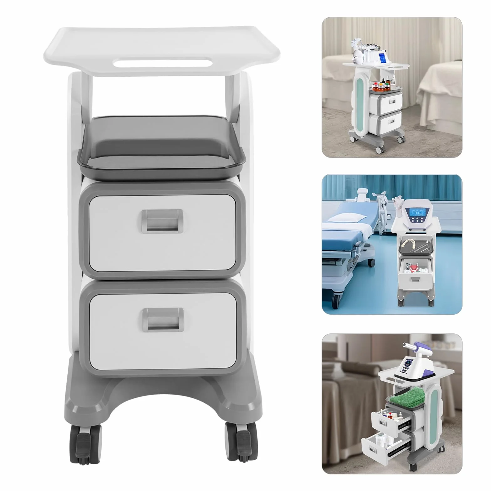 Carro de cosméticos médico con 2 cajones, 44 x 44 x 73,5 cm, con 4 ruedas universales silenciosas para laboratorio, clínica, hospital, salón, color blanco