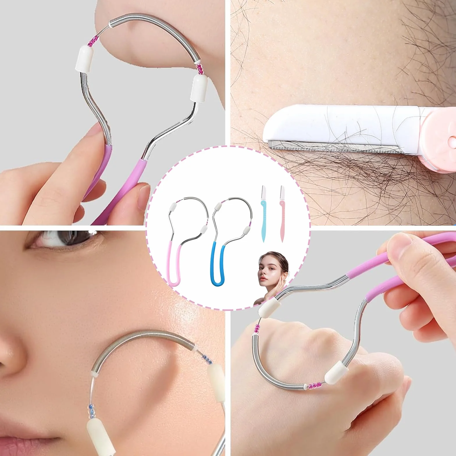 Pack de 2 Depiladoras Faciales y 2 Depiladoras de Cejas, Herramienta de Belleza para Eliminar Vello Facial en Mujeres, Removedor Manual de Vello para Labio Superior, Mentón y Mejillas