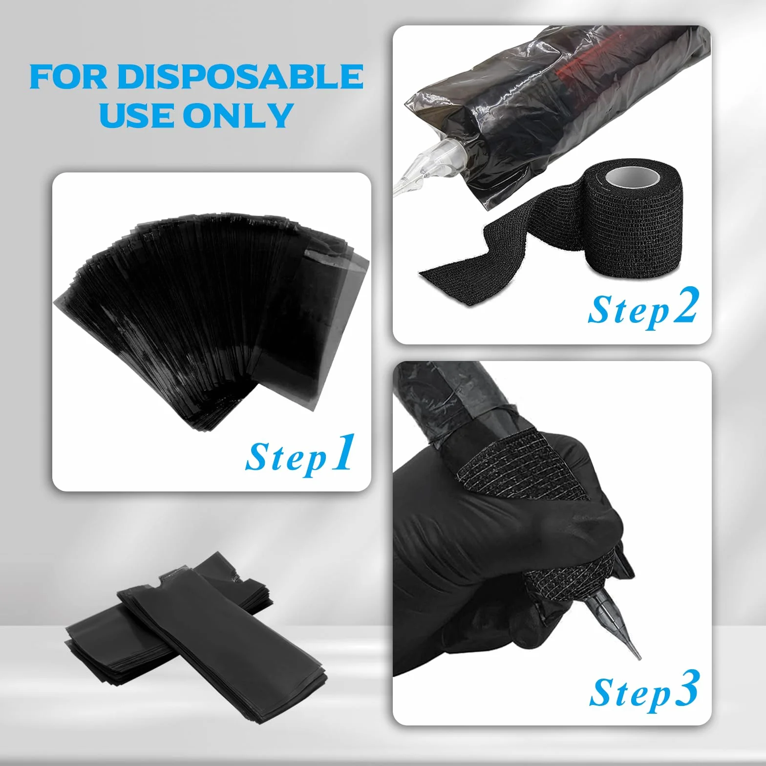 Cubierta de Agarre de Tatuaje y Bolsas para Máquinas Tatuaje Set, Rayyl 204pcs Set Accesorios de Tatuaje Artista de Tatuajes (Negro)