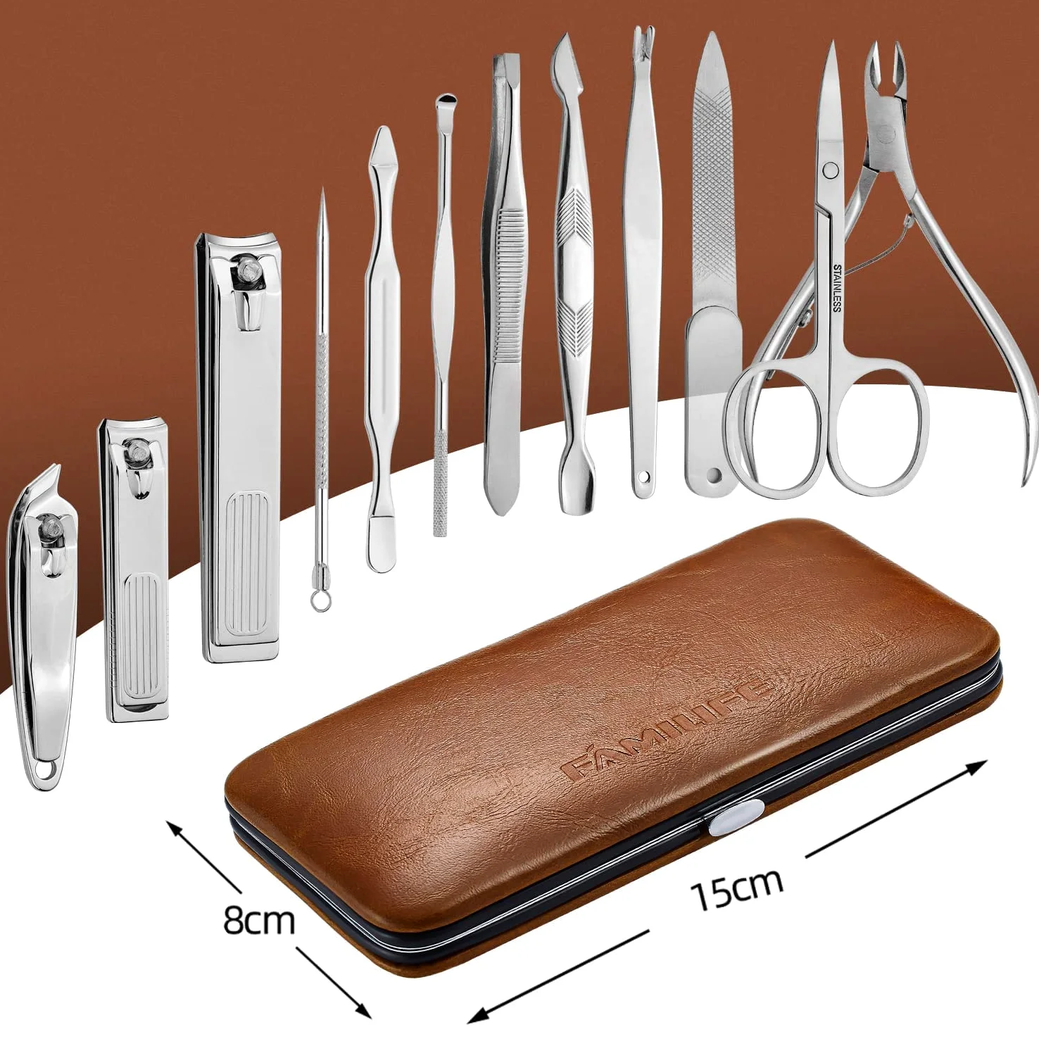 FAMILIFE Juego de manicura, kit profesional de manicura, kit de cortaúñas, 12 piezas de acero inoxidable, herramientas de manicura, juego de uñas con estuche de viaje de cuero marrón, regalos de lujo