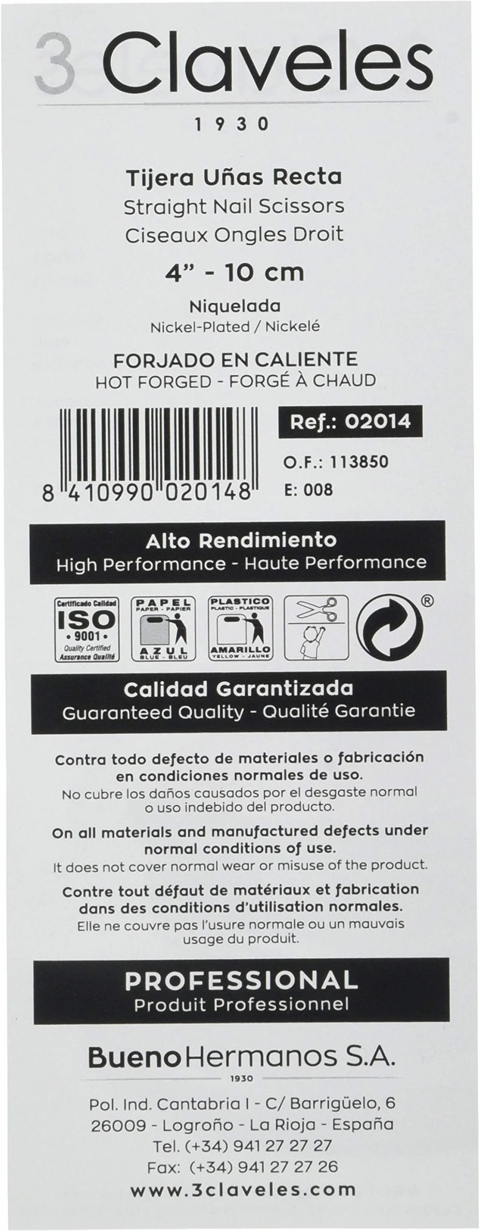 Tijera Uñas Recta 10 cm 4" 38 g 3 Claveles 2014