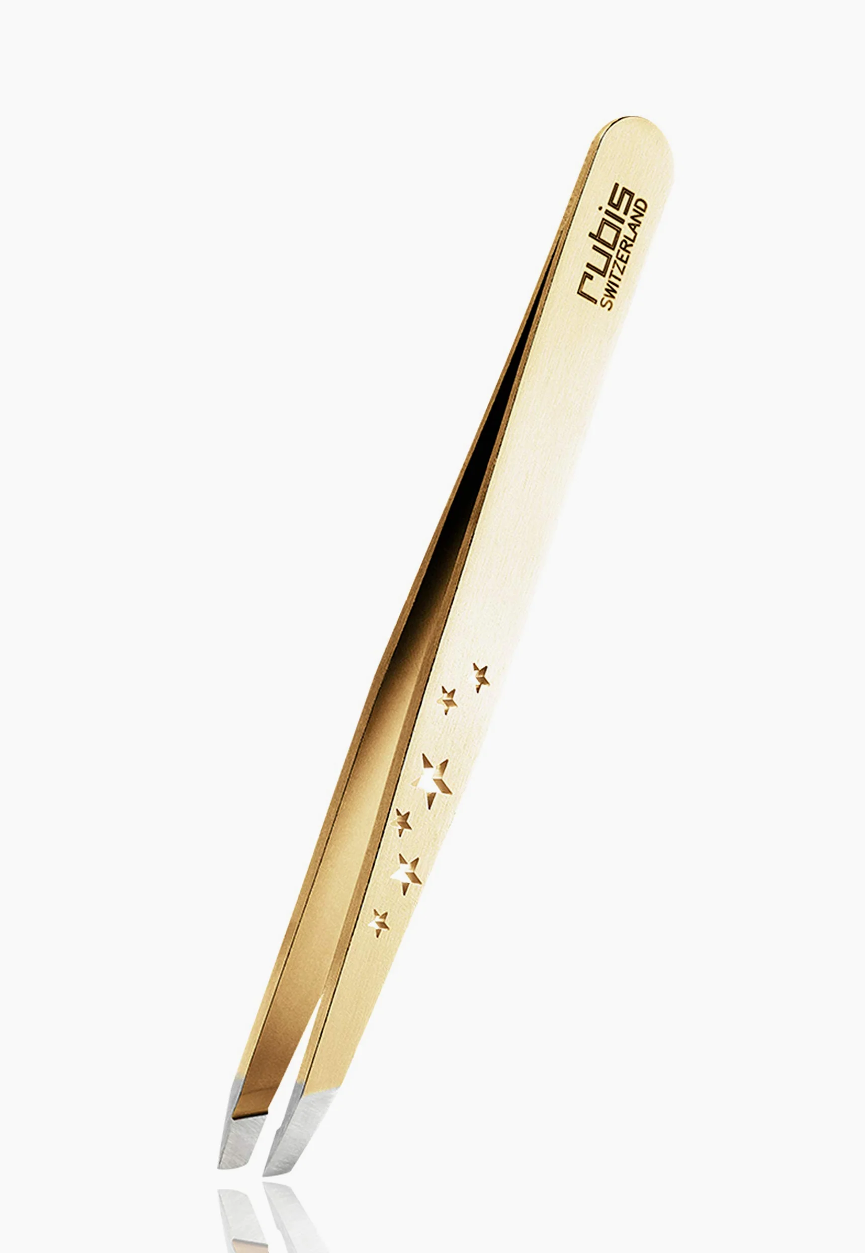 Rubis Prestigious Line - Pinzas profesionales para cejas con revestimiento dorado, punta inclinada, pinzas inclinadas para depilación de cejas y depilación, seis estrellas, color dorado