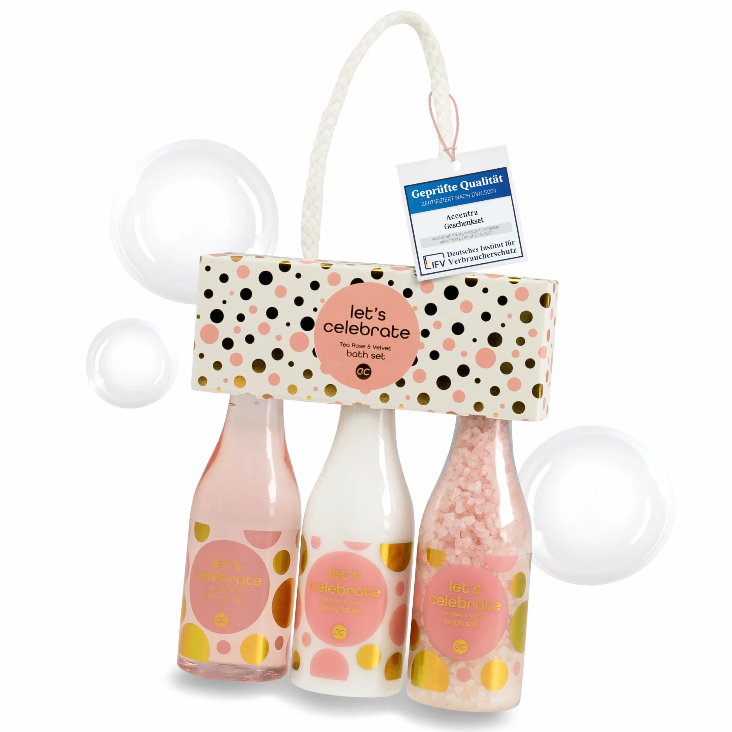 Accentra Set de ducha 3 piezas gel loción corporal sal de baño champán