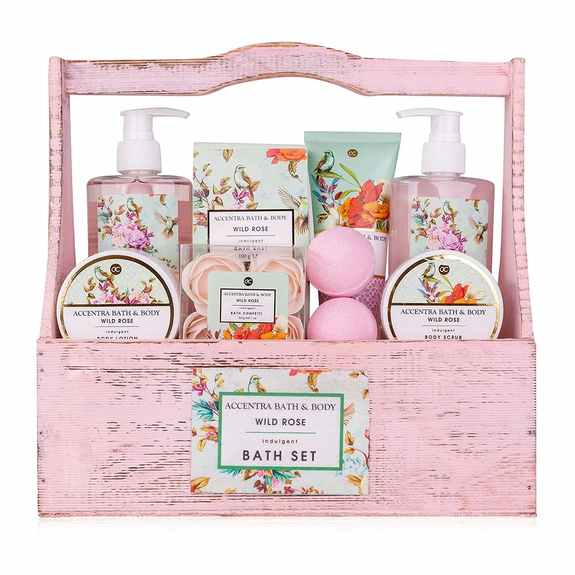 Set de Regalo accentra Set de Baño y Ducha Floral Vintage con Fragancia de Rosa Silvestre - Set de regalo de 8 piezas en cesta de madera decorativa de aspecto desgastado