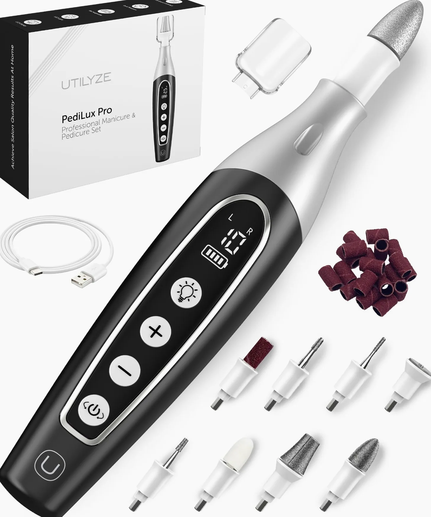 UTILYZE Kit Profesional De Manicura Y Pedicura Pedilux Pro: Lima Para Uñas Gruesas, Taladro Eléctrico Inalámbrico Para Limar Uñas, Lima Para Uñas Dremel, Lijadora, Elimina Callos Para Personas, Hombre