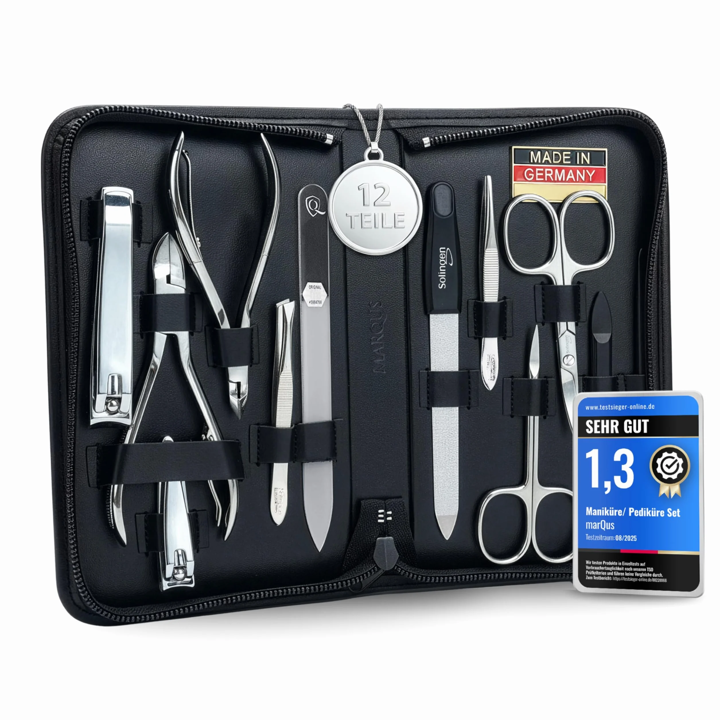 marQus Solingen Set de manicura y pedicura de 12 piezas en estuche de piel auténtica