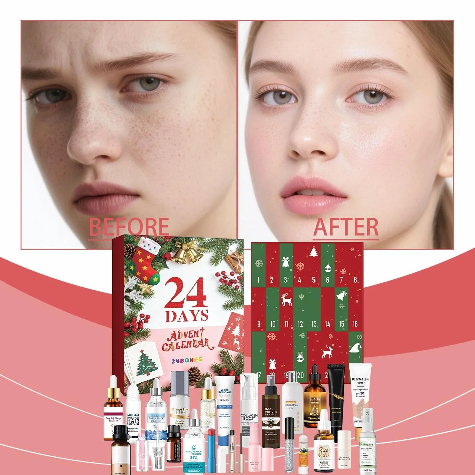 Calendario de Adviento de belleza, calendario de cuenta regresiva de Navidad con 24 cuadrículas para el cuidado de la piel, relleno de calcetines, maquillaje para mujeres, niñas, adolescentes
