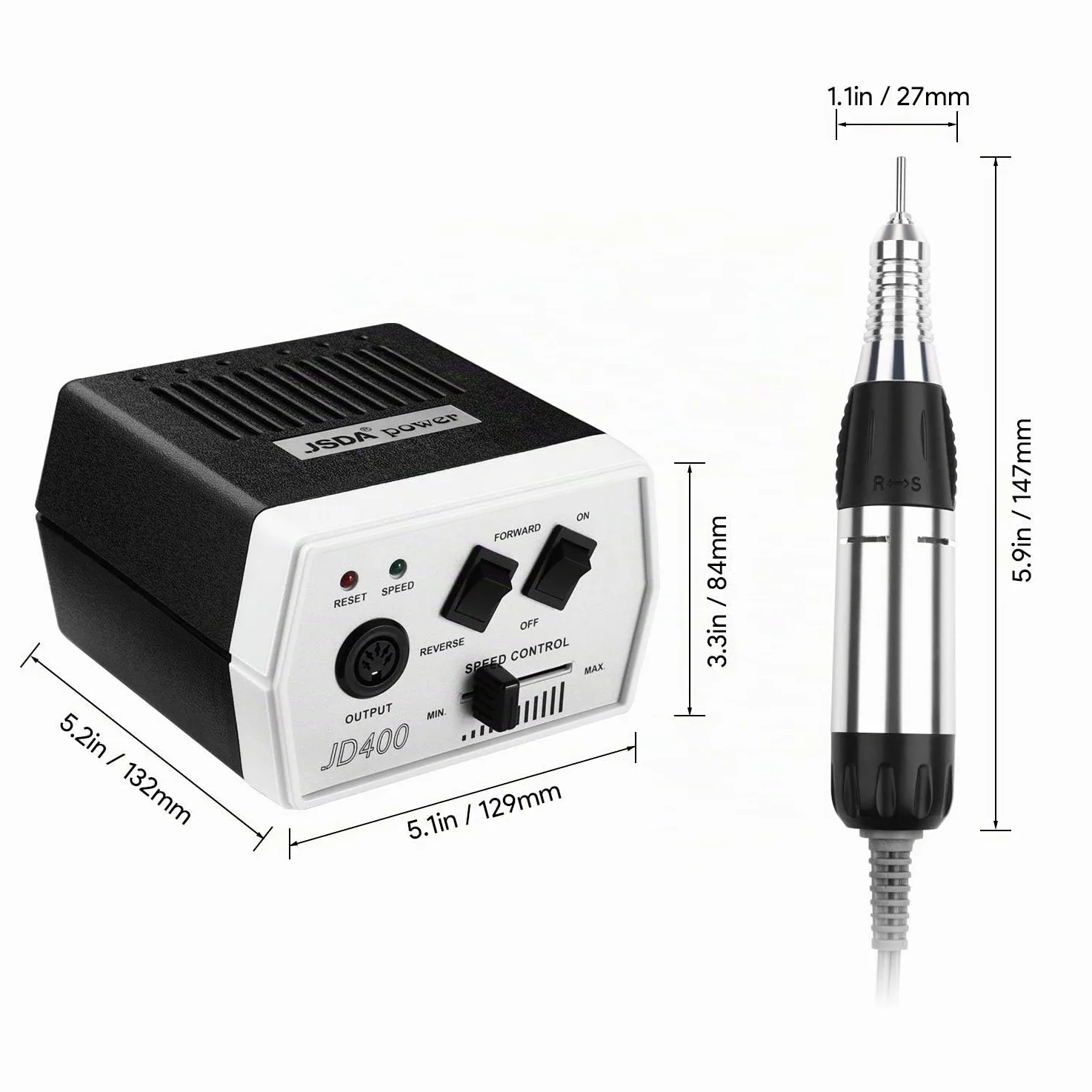 JSDA Torno para uñas profesional,lima electrica uñas, 30000 RPM, fresa de carburo de tungsteno, potente, silencioso, baja vibración, Incl. cuatro brocas y un broca de carburo premium