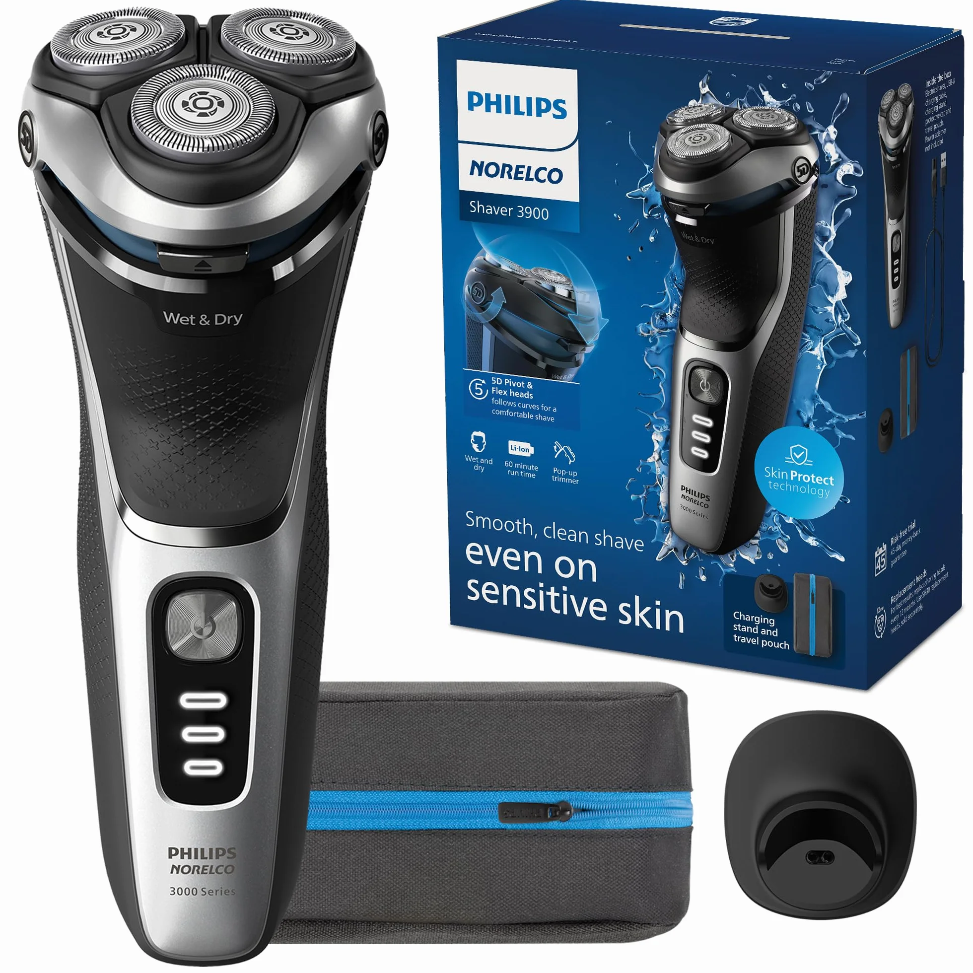 Philips Norelco Shaver 3900 Series, afeitadora eléctrica en húmedo/seco, tapa P, bolsa de viaje, soporte de carga, azul tormenta, modelo S3341/92