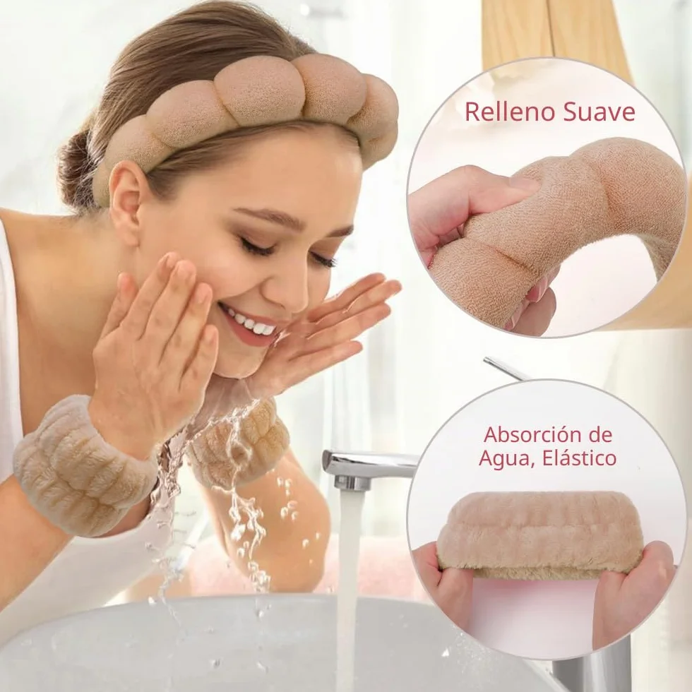 DRESHOW Diadema Spa para Lavarse la Cara Set de Muñequeras Esponja de Rizo Suave Maquillaje Cuidado de la Piel