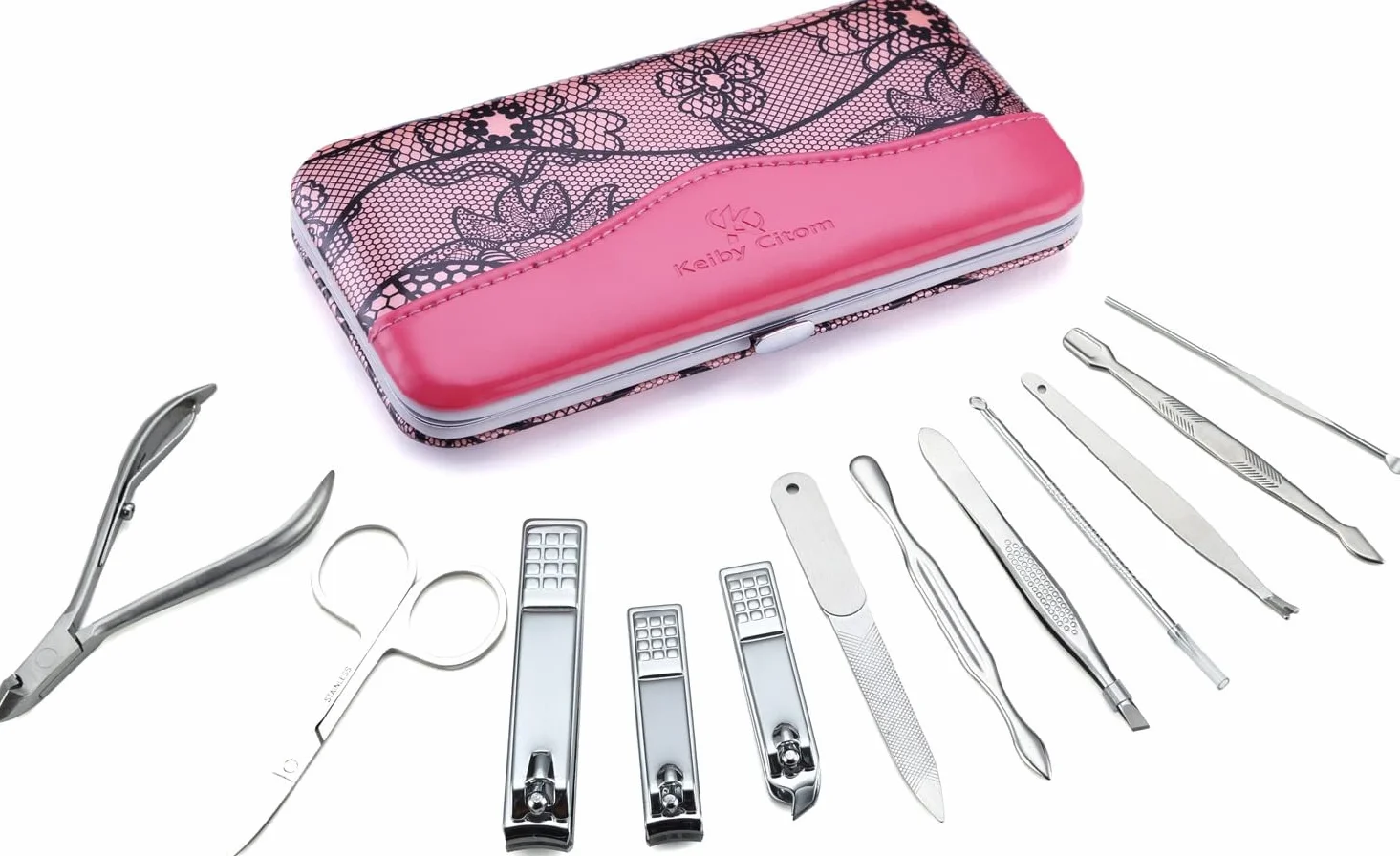 Keiby Citom Set Manicura y Pedicura Cortauñas Acero Inoxidable 12 Piezas Caja Rosa