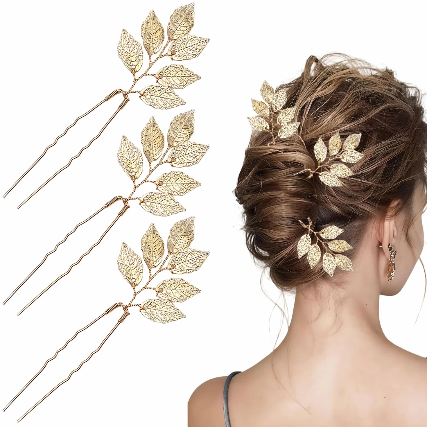 Horquillas doradas con diseño de hojas, accesorios para el cabello de boda, pasadores en forma de U para novias