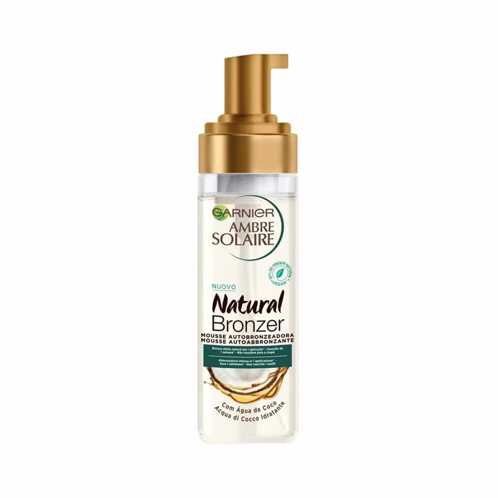 Garnier Ambre Solaire Mousse autobronceador natural cara y cuerpo bronceado hasta una semana fórmula vegana con agua de coco hidratante