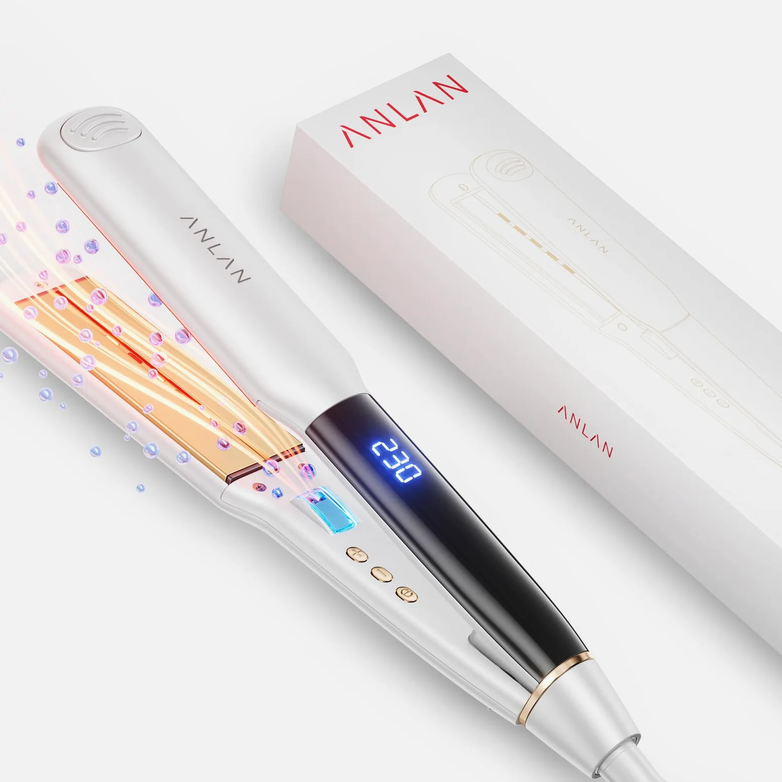 ANLAN Plancha de pelo iónica con luz roja, placas cerámicas flotantes 3D de 36 mm, Rápido 15s, 14 niveles, pantalla LCD, profesional e inteligente
