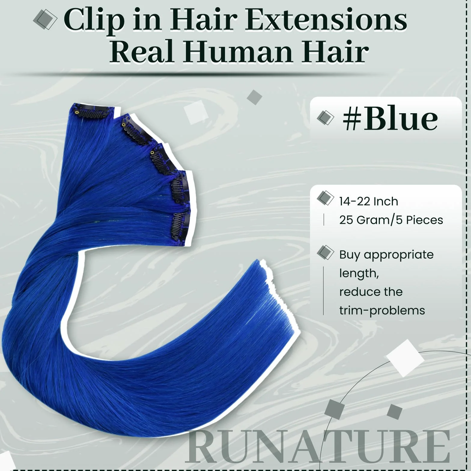 Extensiones de Cabello Colorido Natural Humano 25g 16 Pulgadas Azul RUNATURE 5 Piezas