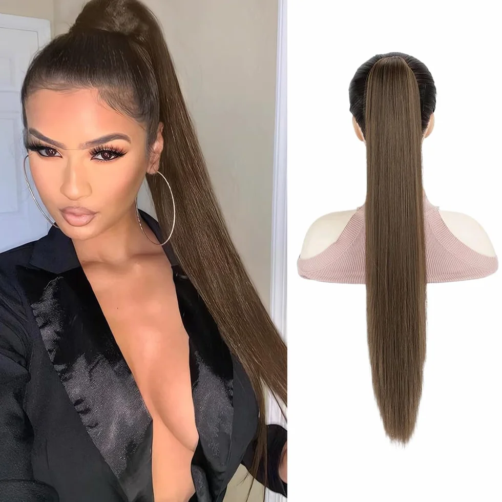 Coleta Pelo Liso Natural Con Pinza Flequillo Postizo 66cm Pelucas Mujer Ponytail Hair Extension Marrón Oscuro