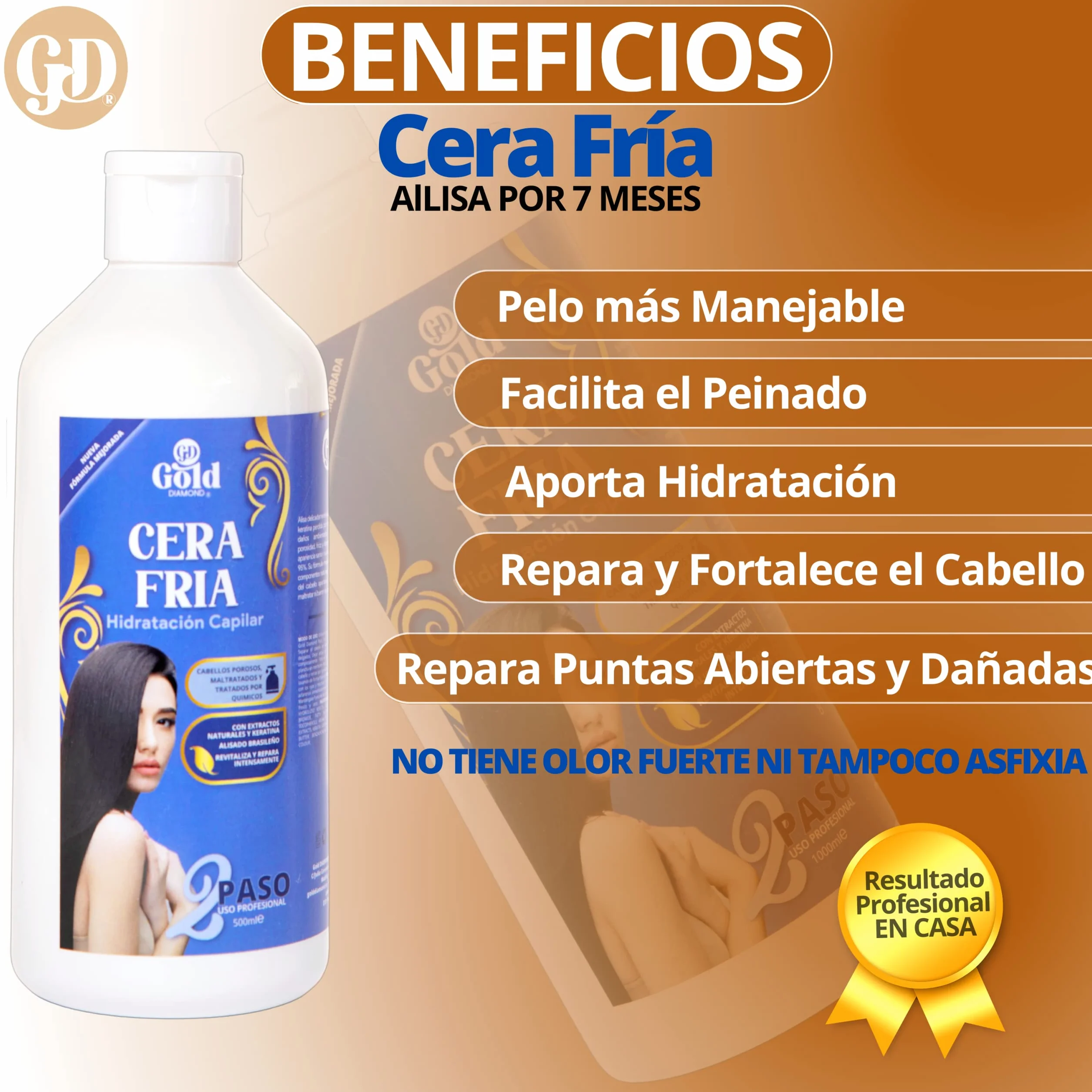 Gold DIAMOND – Kit Alisado Brasileño Cera Fría Sin Formol – Tratamiento de Keratina Profesional para Cabello Teñido, Poroso y Dañado – Hasta 6 Meses Sin Frizz (Kit Mediano, 500mL)