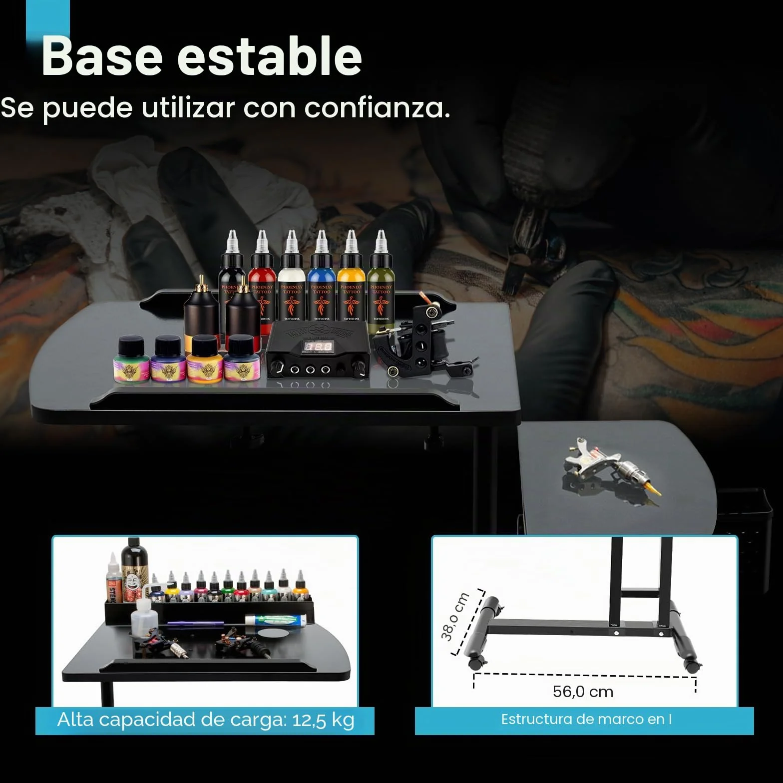 Carro de tatuaje reposabrazos extraíble portátil altura ajustable 57-90 cm 12,5 kg