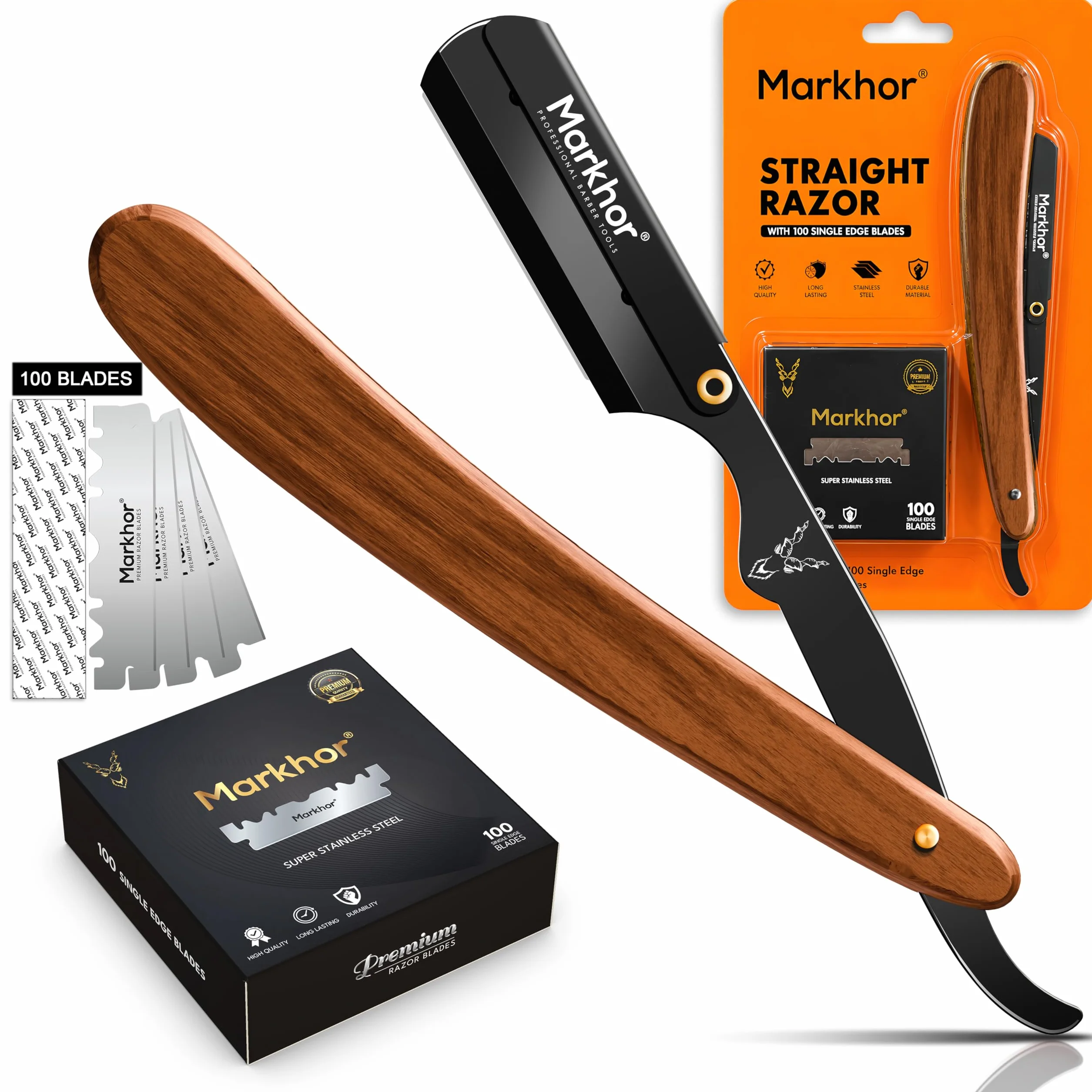 MARKHOR Professional Straight Razor for Men, 100 Blades, Black Matte Wood, Classic Barber Shaving Kit