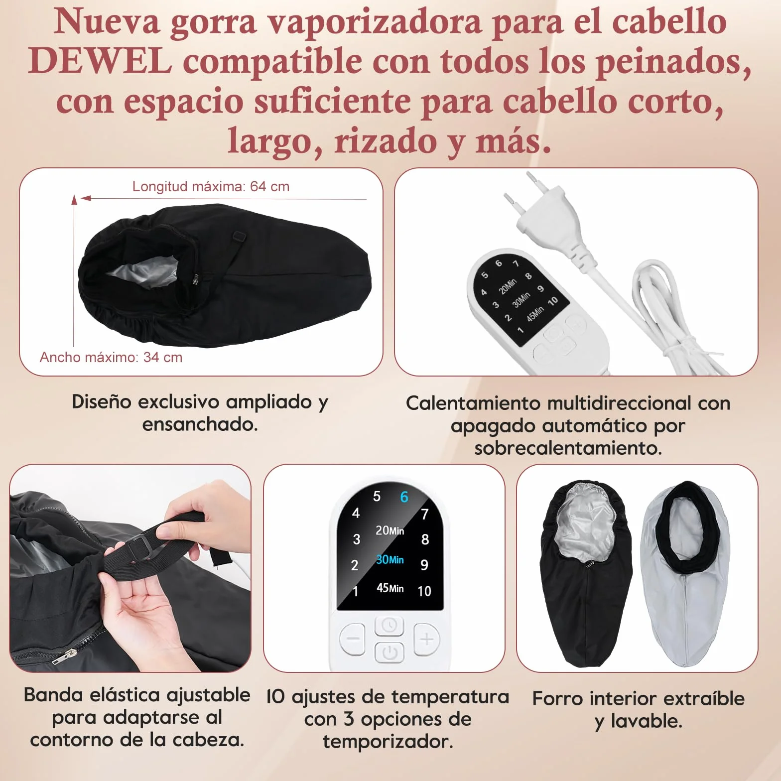 DEWEL Gorro Termico, Acondicionador Profundo para Cabello, Control Inteligente de Temperatura en 10 Etapas