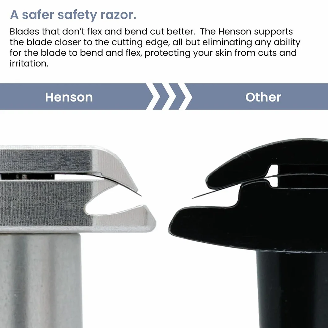 Henson Shaving Maquinilla de Seguridad Doble Filo + 5 Cuchillas | Afeitado apurado y reutilizable para hombre. Bisel de precisión 30°, cuerpo aeronáutico anodizado, 5 recambios.