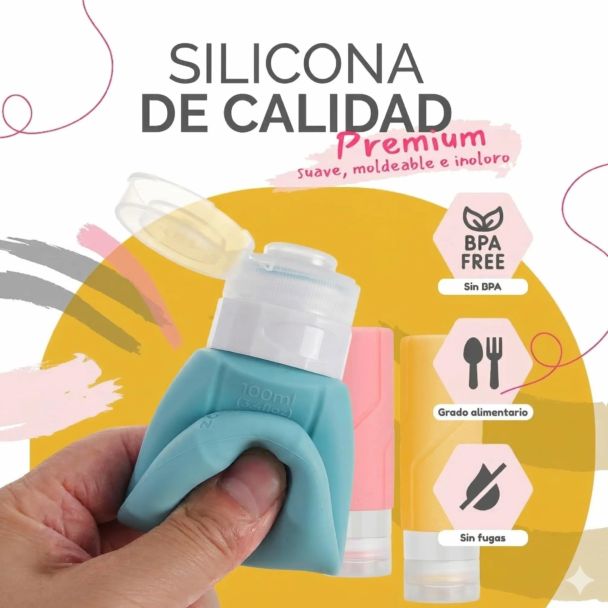 Botes Silicona Suave Rellenables 100ml Sin Fugas BPA Free Boca Ancha para Gel Champú Cremas Líquidos