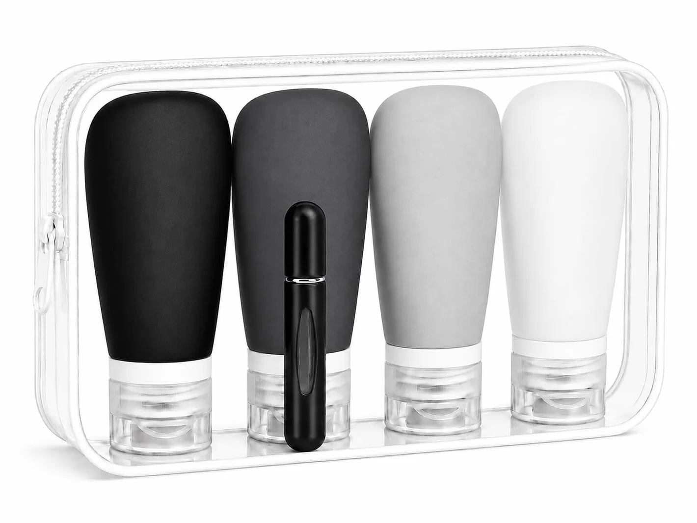 Kit Viaje Neceser Transparente Botes Rellenables 90ml + Atomizador Perfume Recargable 5ml