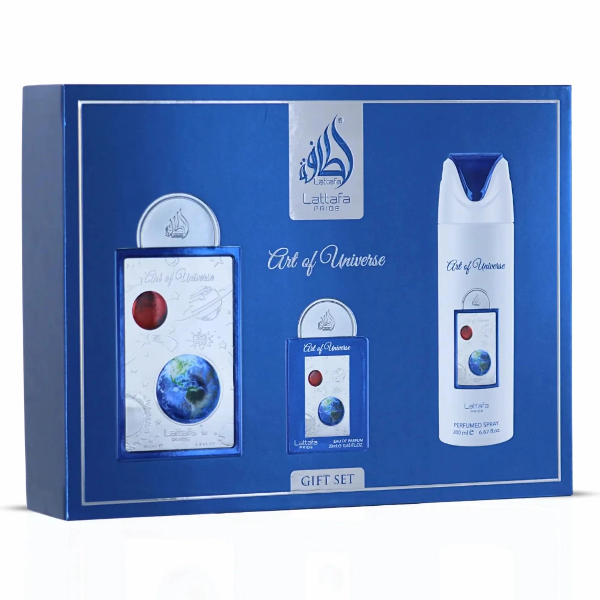 Lattafa Pride Art Of Universe Juego de regalo 3 piezas hombre EDP 100 ml spray corporal 200 ml EDP viaje 20 ml
