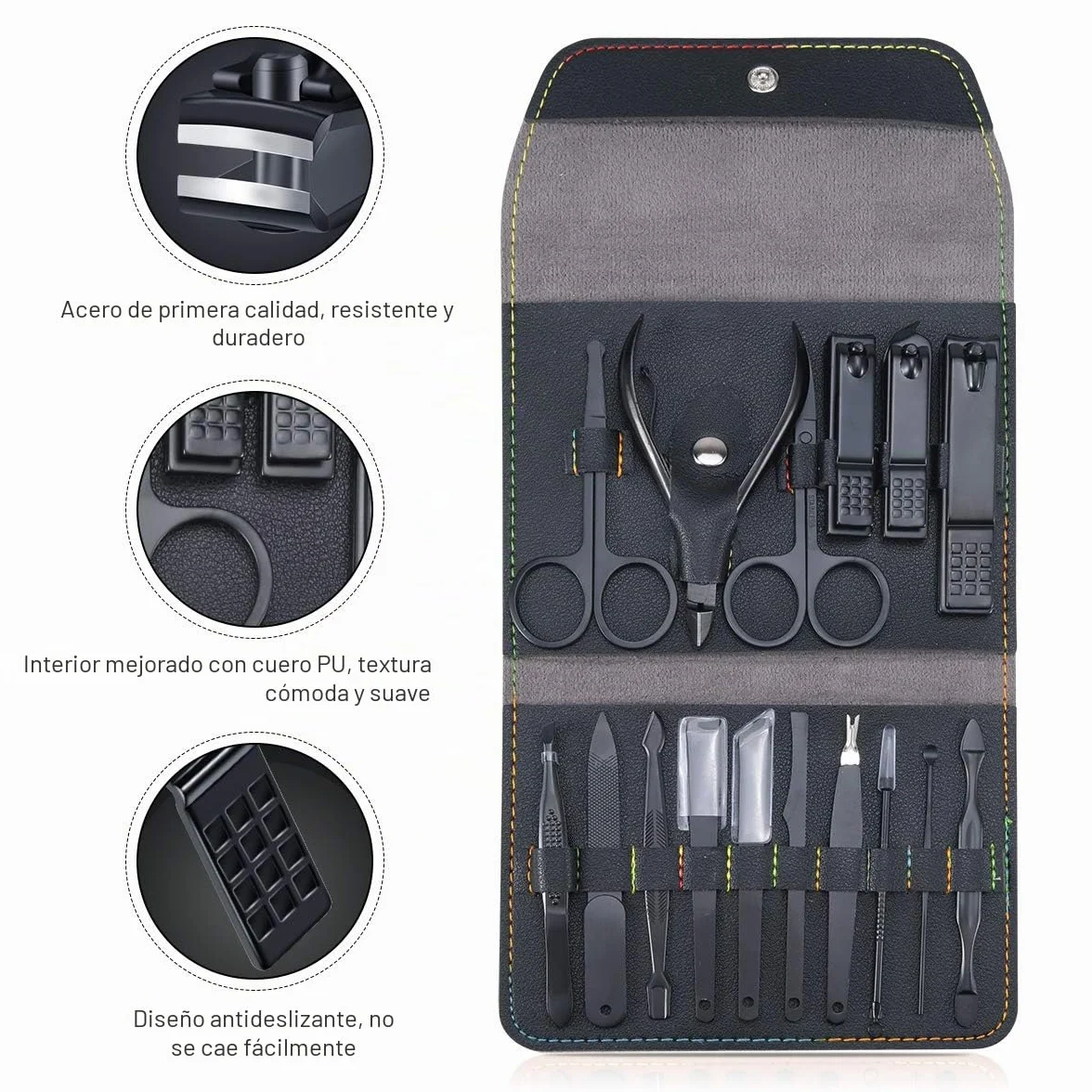 Set de Manicura y Pedicura Profesional 16 PCS Acero Inoxidable Cortaúñas con Estuche de Viaje Cuero (Negro)