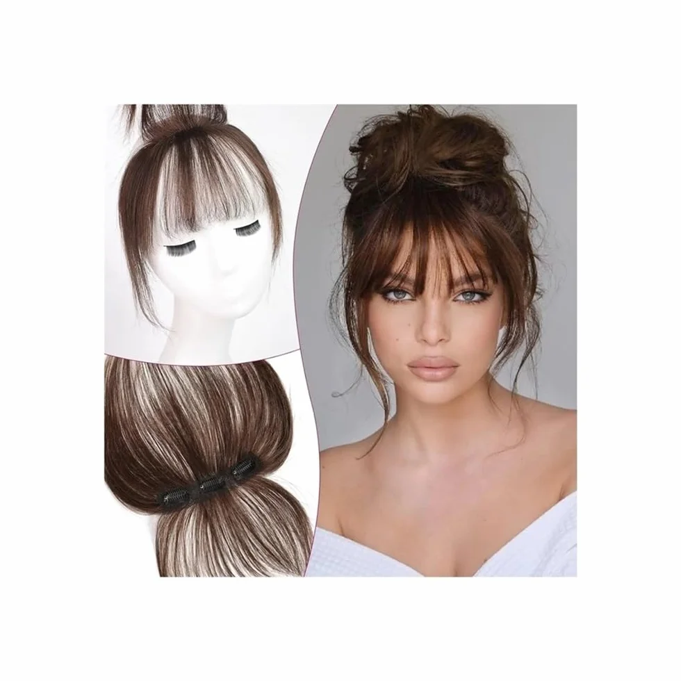 Flequillo De Cabello Humano For Mujeres, 3D, Ralo, Clips Color Marrón Natural, Con Postizo, Cobertura Total 360°(Natural Brown)