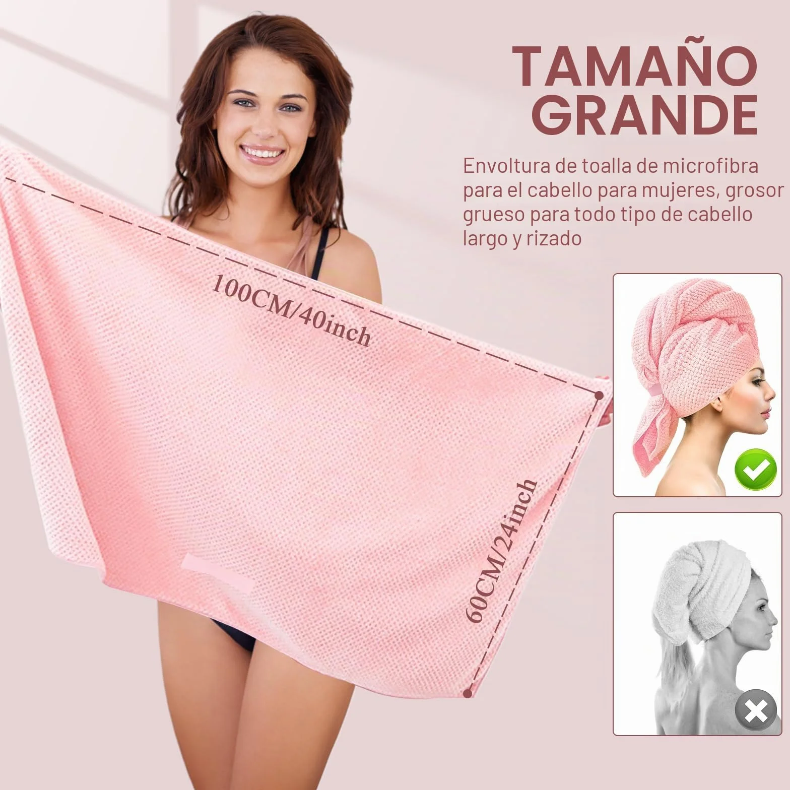 Toallas de Microfibra para Cabello Largo 60x100 cm, Paquete de 2, Turbante Grande, Secado rápido Súper Absorbente