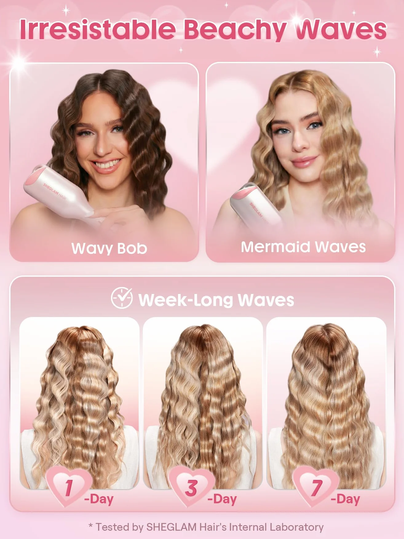 SHEGLAM Rizador Doble Barril Rosa - Ondas Beach Waves, 5 Temperaturas, Anti-Quemaduras, Doble Voltaje (25mm)