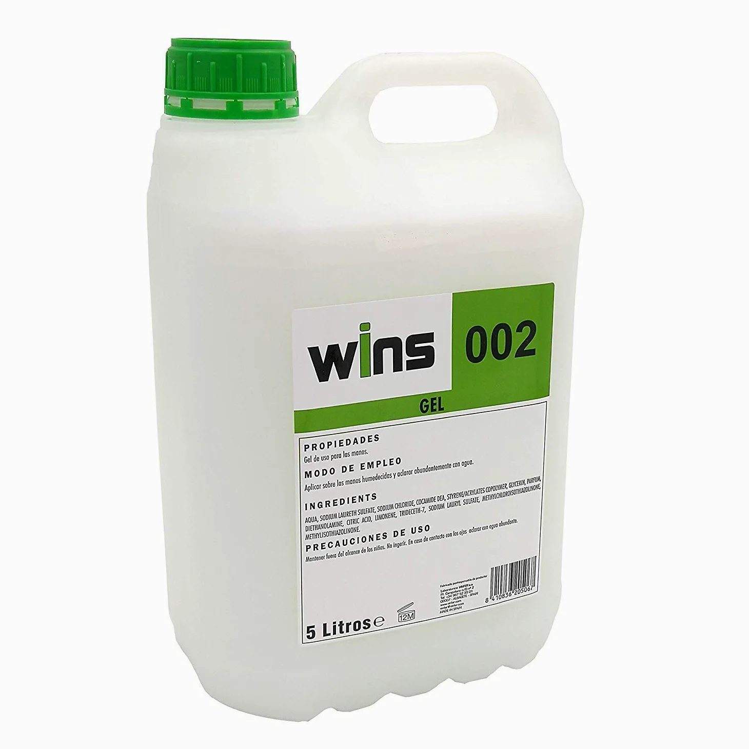 Caja de 4 botellas WINS 002. Gel Wins 002. Envase de 5 Litros. Gel jabón de uso corporal y para las manos.