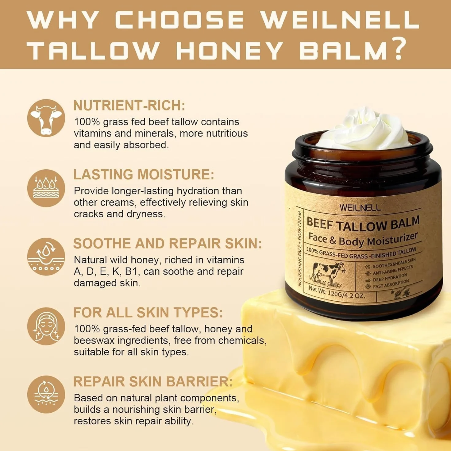 Beef Tallow Crema 120g, Sebo de Res para la Piel, 100% Natural, Hidratación Profunda, Absorción Rápida