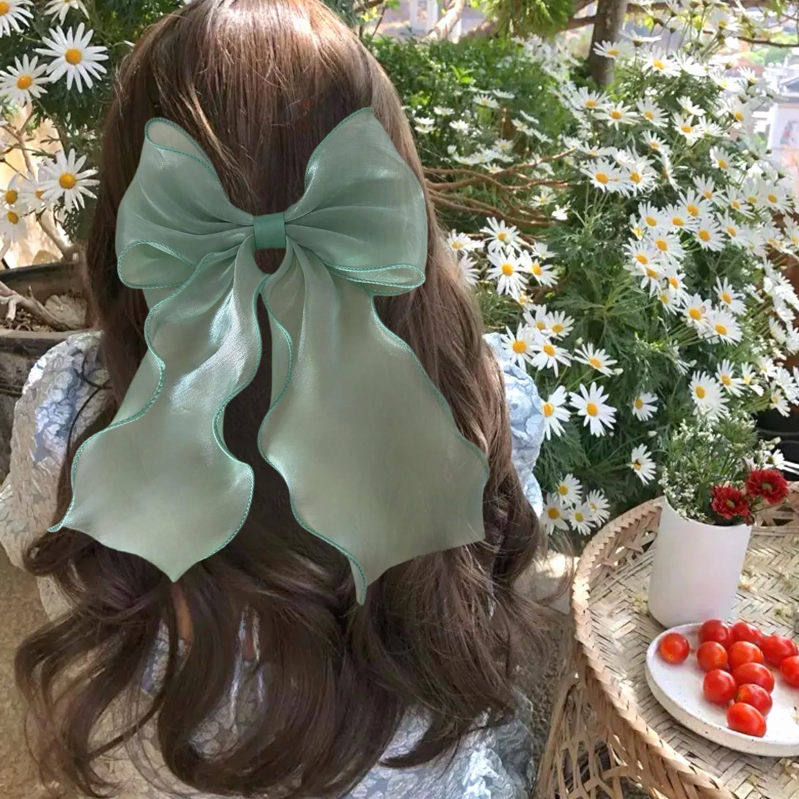 Pinza de pelo sedosa con gran lazo para mujer, clip francés para cabello (Verde-1)