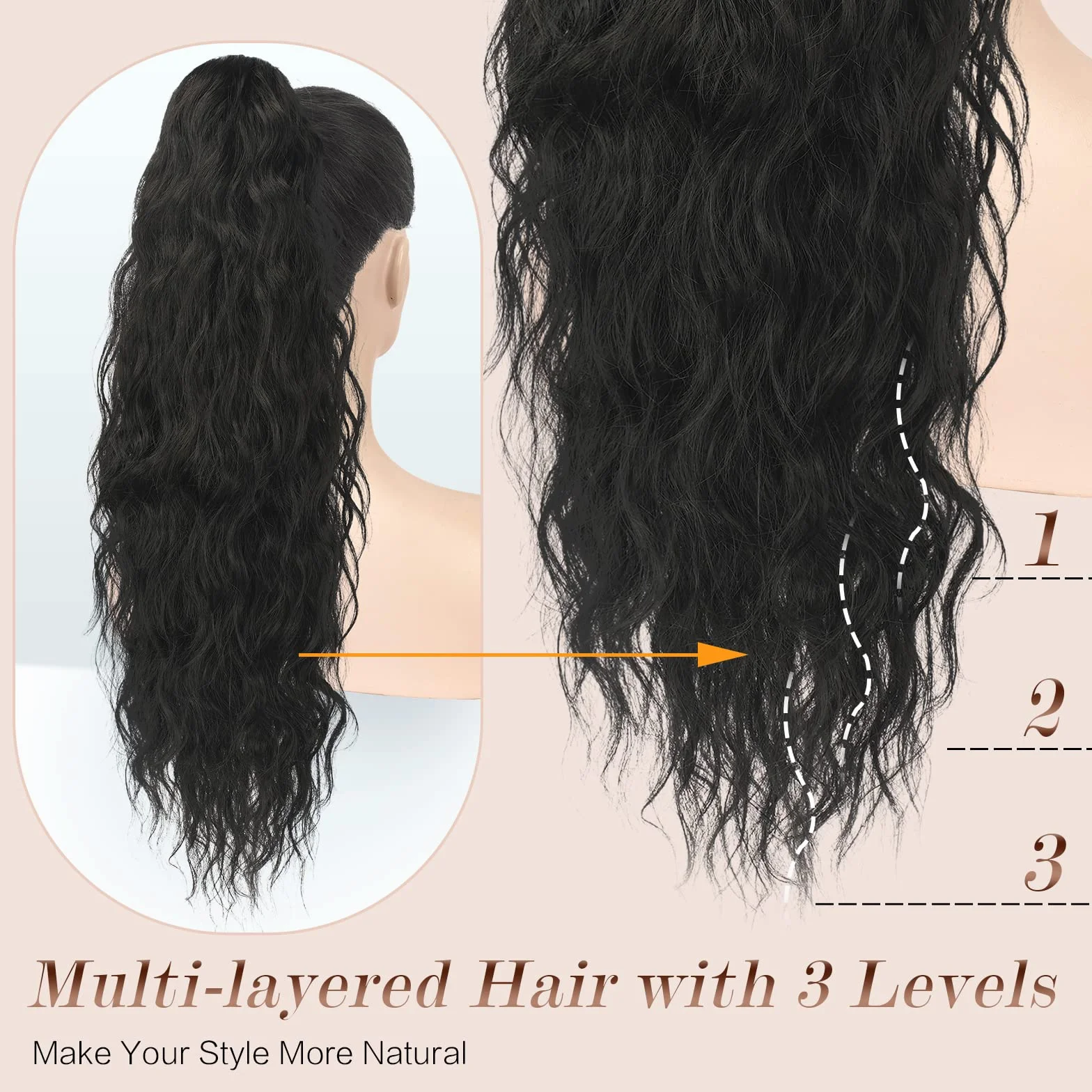 FESHFEN Coleta Pelo Natural 65 cm Negro Ondulado Rizado Sintética Extensiones para Mujeres