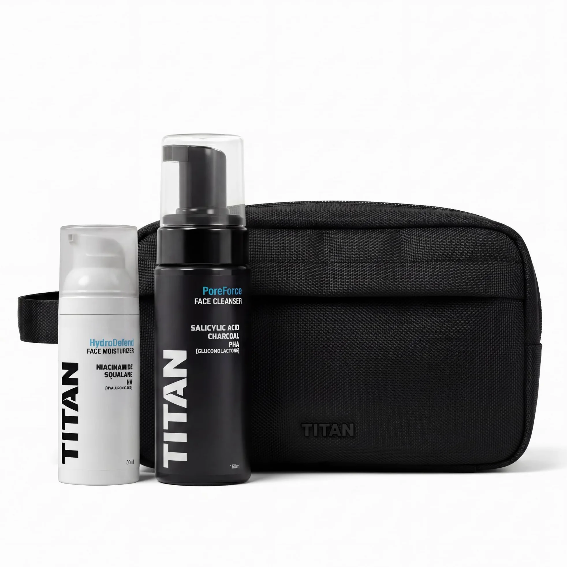 Titan Kit Cuidado Facial Hombre – Espuma Limpiadora PoreForce con Carbón Activo 150ml + Crema HydroDefend con Niacinamida y Péptidos 50ml + Neceser Nylon Balístico – Hecho en España
