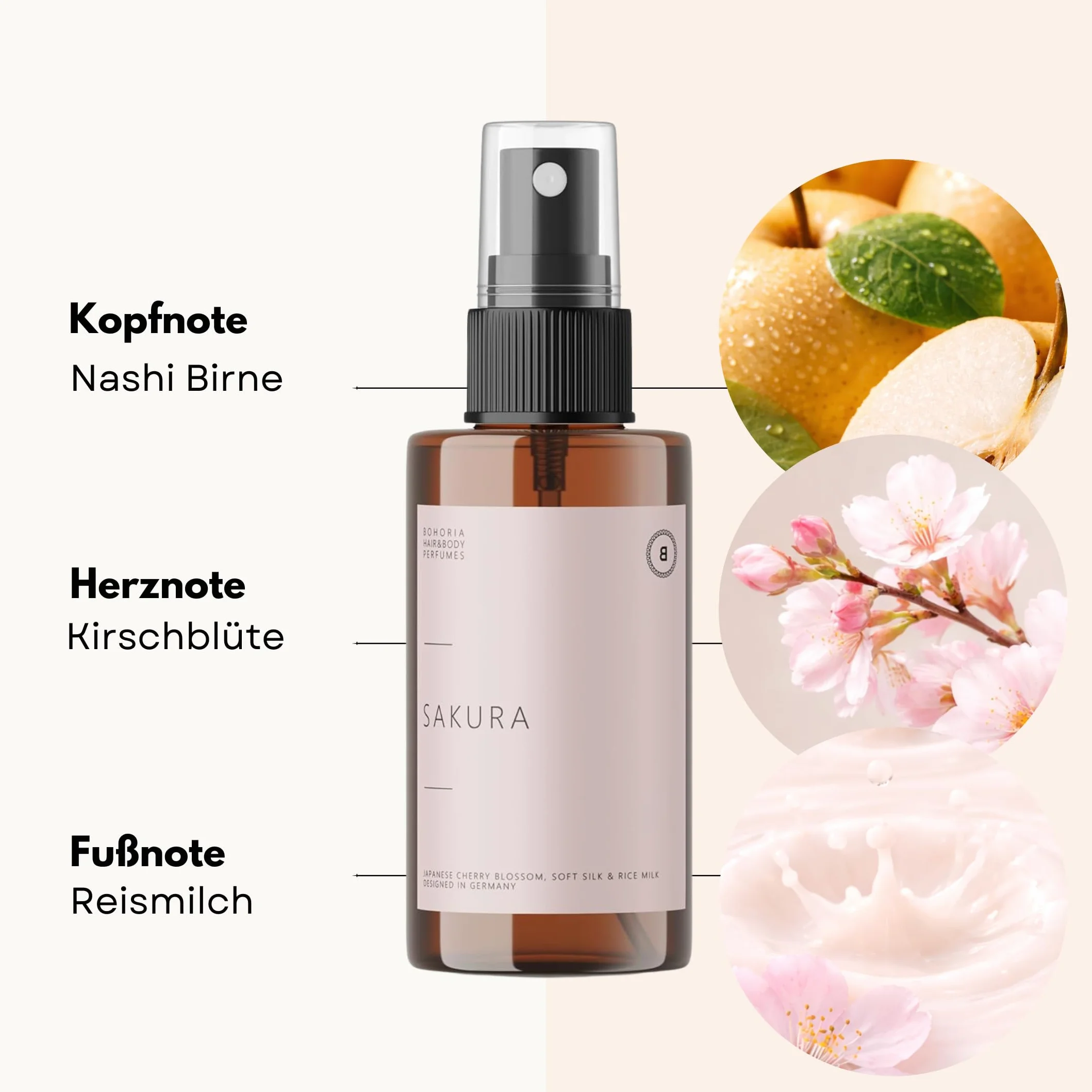 BOHORIA Perfume para el cabello Sakura 100 ml aroma leche de arroz flor de cerezo vegano sin siliconas