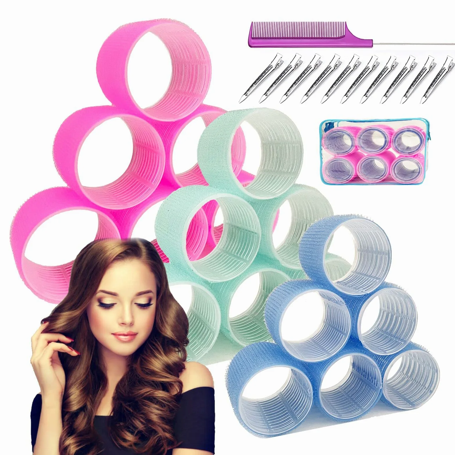 Rodillos de pelo jumbo de 3 pulgadas para cabello medio largo, 30 rizadores de pelo grandes sin calor con peines de cola de rata, rizadores de peluquería para mujeres de cabello grueso (75/65/55 mm)