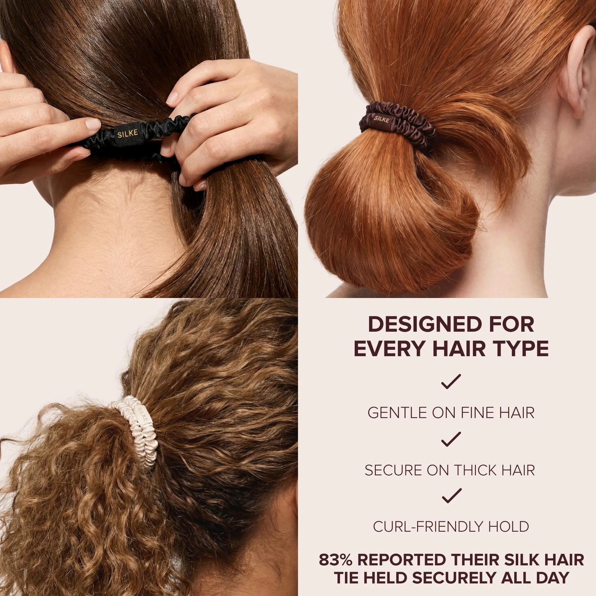 SILKE - Cintas para el cabello, coco, 100 % seda de lujo para el cabello, paquete de 6, lazos de seda para el cabello, sin daños, coleteros para mujeres, para todo tipo de cabello y estilos