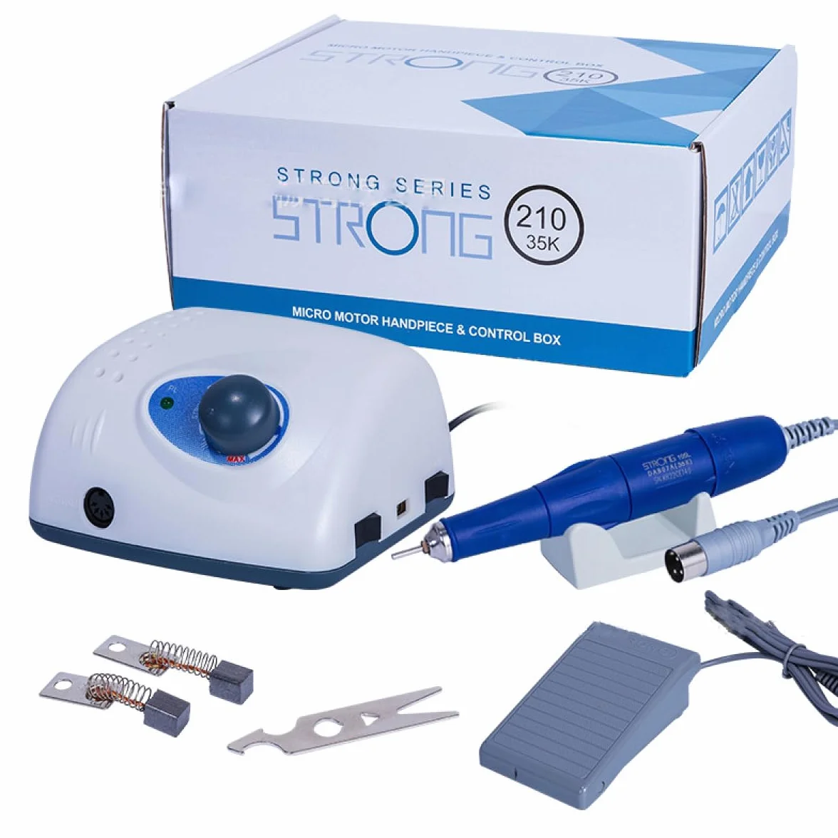 Saeshin Strong 210 Micromotor, 35000 RPM - Taladro de uñas de aluminio para cuidado profesional de uñas, laboratorio dental, funciona con pedal, tamaño de cortador de 2.35 mm, alimentado por