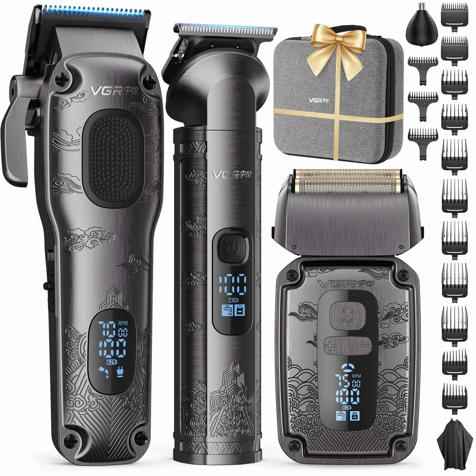 VGRPRO Maquina de Cortar Pelo Hombre Trimmer Afeitadora Electrica para Barba Sin Cable 4 Velocidades Pantalla LED Bateria Gris