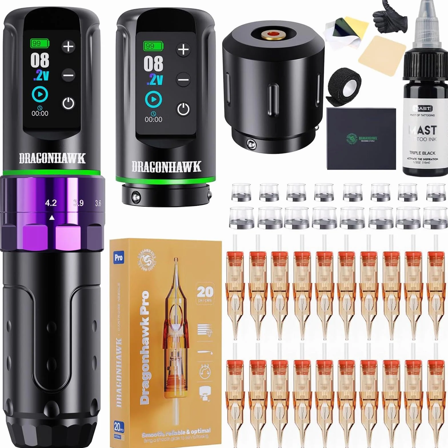 Dragonhawk L3 Kit de Tatuaje Máquina Rotativa Completa con Motor Mcore Potente, 2 Baterías, Cartuchos de Agujas para Artistas, Color Púrpura