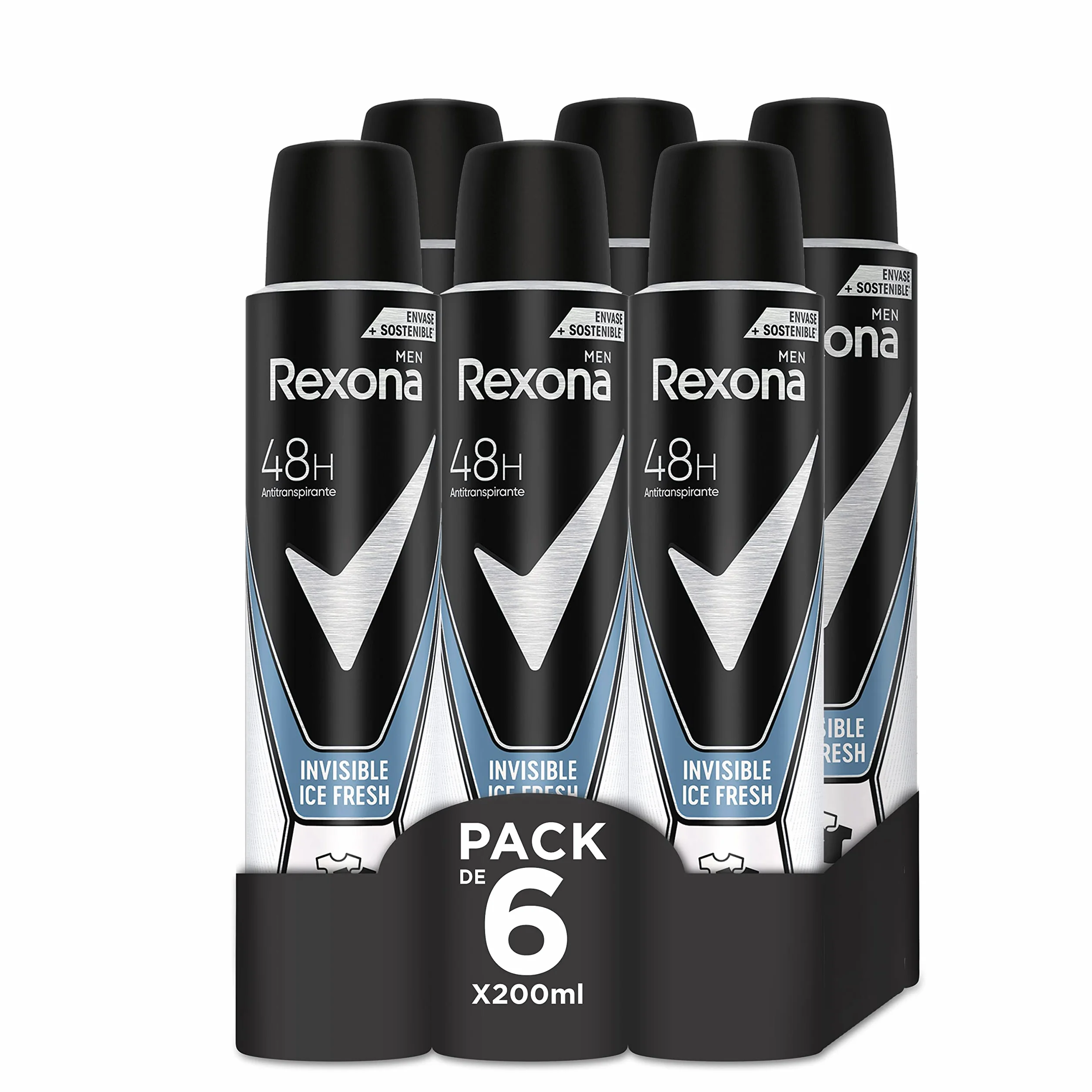 Rexona Invisible Desodorante Aerosol Antitranspirante Hombre Ice 200ml Pack de 6