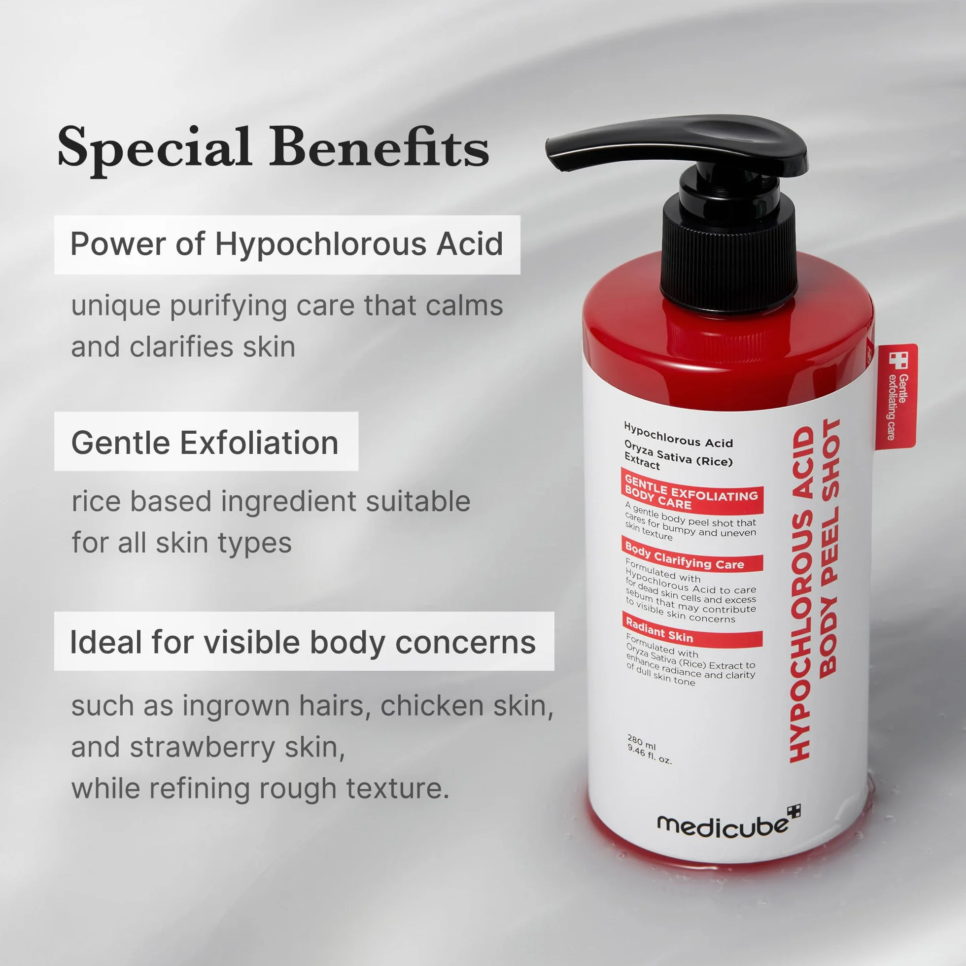 Medicube Body Peel Shot Hypochlorous Acid Gentle Body Exfoliating Serum Dead Skin Cells Rough Patches Uneven Texture Rice Extract Panthenol Hydrating Smoothing Care 9.46 fl.oz