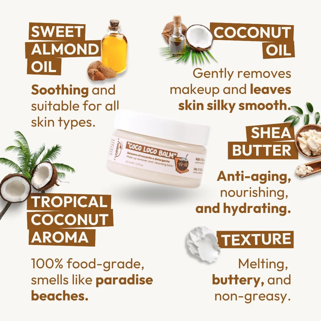 Bálsamo facial desmaquillante y limpiador con coco puro, aceite de almendras y manteca de karité