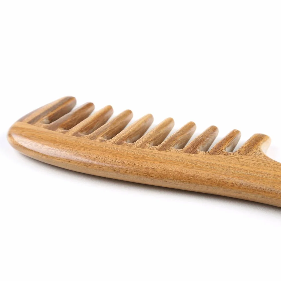 Peigne en Bois de Santal Vert Anti-Statique à Dents Larges 18,5cm