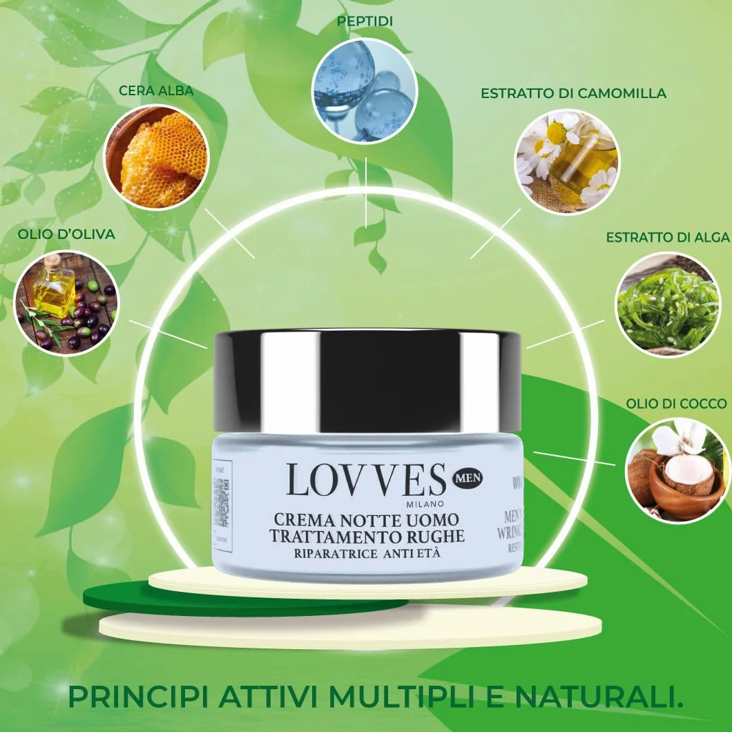 LOVVES Crema de Noche Antiarrugas para Hombre, Alta Cosmética Natural, Repara la piel, Antioxidante y Regeneradora, Previene el Envejecimiento Prematuro, Absorción Rápida, 50ml