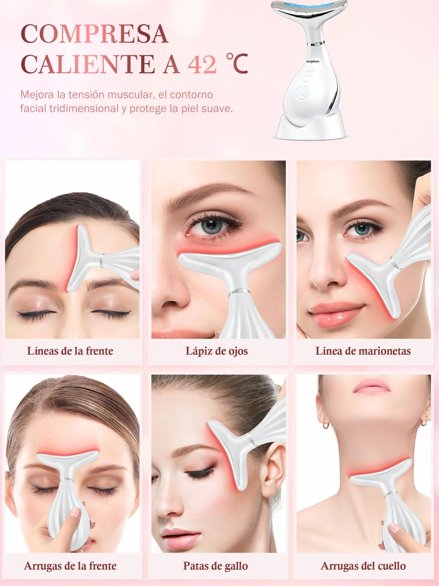 Masajeador Facial Antiarrugas Eléctrico con Calor 42°C Luz LED EMS para Cara y Cuello