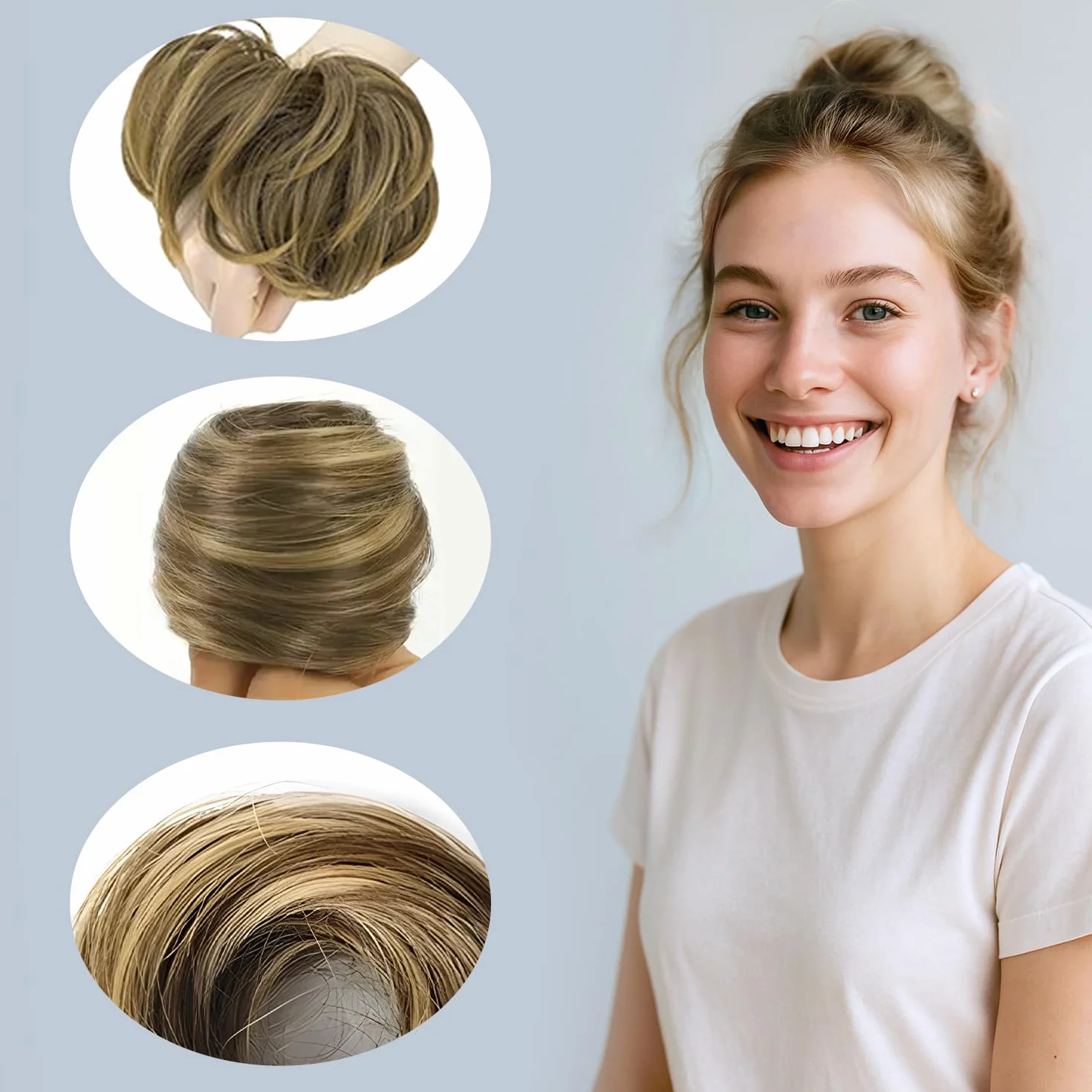 Moño despeinado postizo para mujeres, coletero sintético, accesorios elásticos, cabello falso rizado (Marrón mezcla rubio)